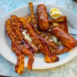 Challah French Toast with Sausage and Bacon ($10.35)